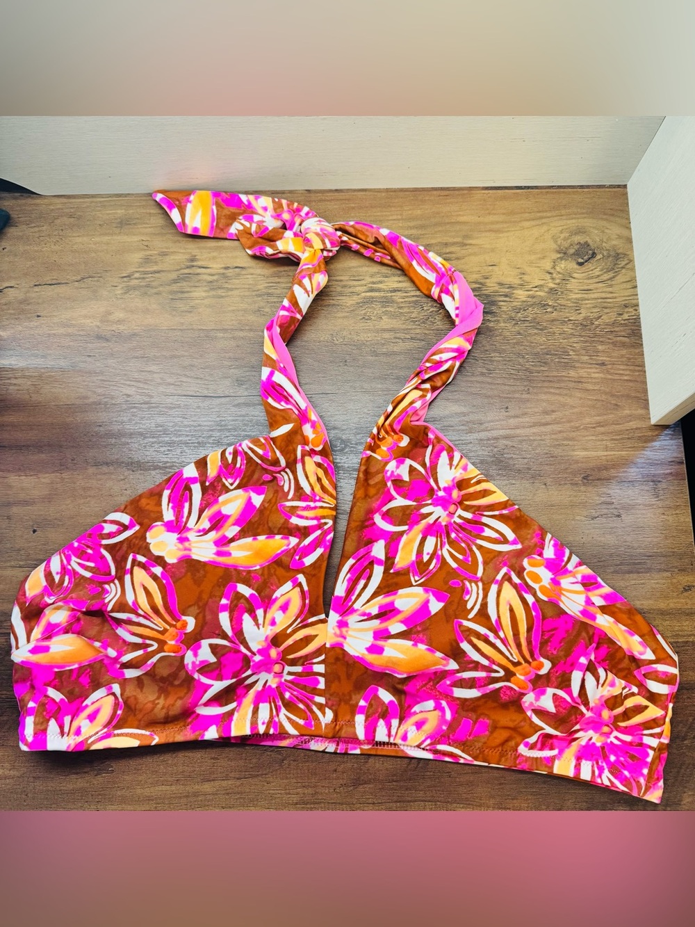 NWOT Aerie Crossover Halter Bikini Top Orange Pink Tropical Floral Print NWOT XL - Picture 2 of 5